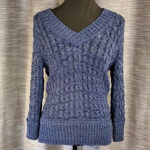 DKNY Blue Open Knit 3/4 Sleeve V-Neck Sweater